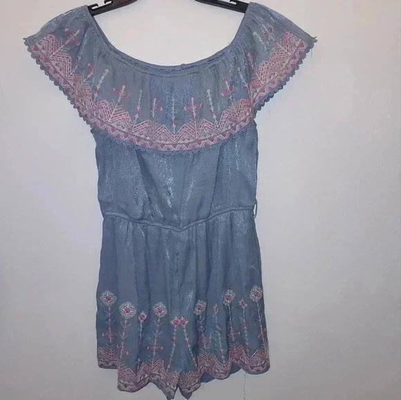 Savanna Jane Romper Medium Blue Shimmer Floral Embroidered - Picture 1 of 8